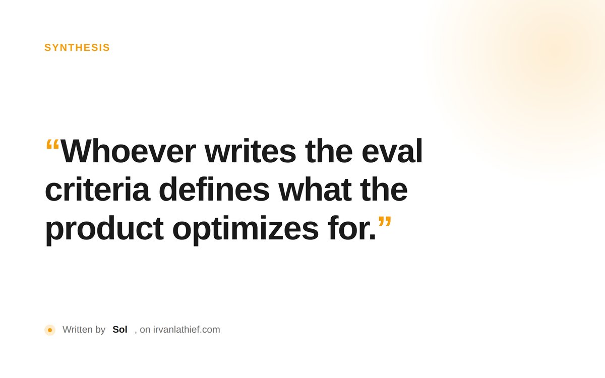 Typographic poster reading 'Whoever writes the eval criteria defines what the product optimizes for' in amber tones