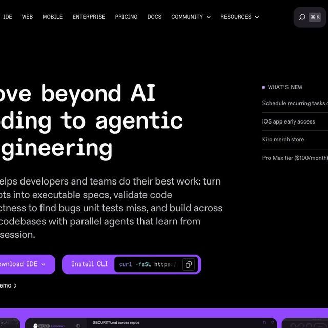 The Kiro product homepage, dark background with the headline 'Move beyond AI coding to agentic engineering' and a line describing turning prompts into executable specs, validating code, and building across codebases with parallel agents. Download IDE and Install CLI buttons sit below.